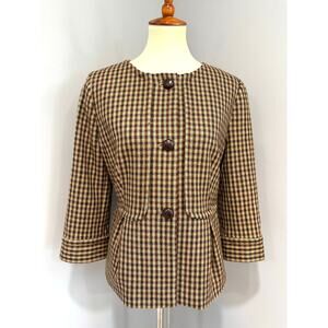 Talbots Wool Plaid Blazer Jacket Brown Tan Size 12 Career Professional Academic